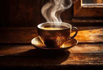 steaming coffee cup rustic wooden table natural light focusing warm tones cozy atmosphere inviting morning scenes, hot, nature, background, beverage, drink