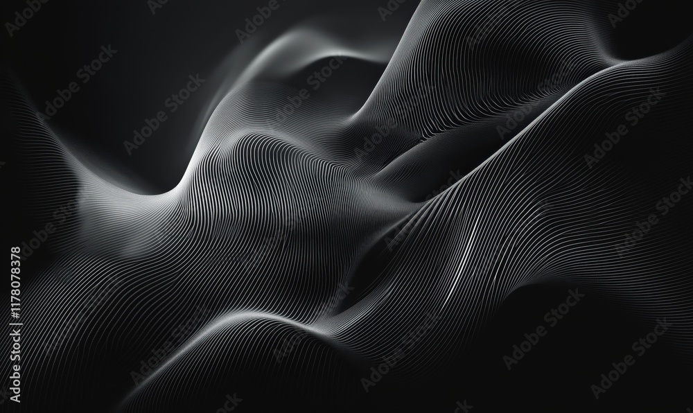 Poster abstract black and white wave patterns, smooth flowing lines creating depth and texture, modern digi