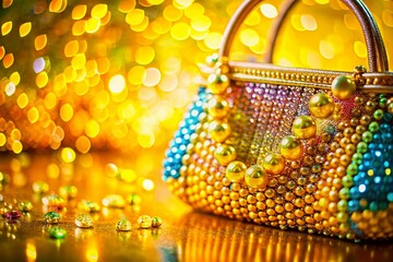 Shiny Acrylic Bead Handbag Double Exposure Stock Photo: Yellow Background, Craft Details, Text Space