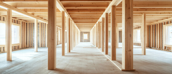 Rows of varnished wooden beams showcase renovation progress in a spacious interior