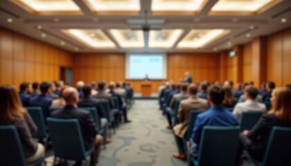Fototapeta premium Corporate seminar in progress. Business professionals attend indoor meeting. Speaker gives presentation. Attendees listen, discuss. Blurred view of event. Conference hall setting. Pro environment.
