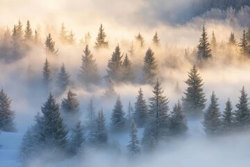 Obraz premium Serene winter forest landscape illuminated by soft light and shrouded in gentle, mystical fog