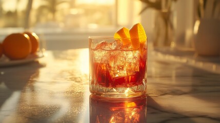 An elegant Negroni mocktail served in a short glass, filled with non-alcoholic gin and vermouth alternatives, and a splash of red, garnished with a twist of orange peel and an orange slice.