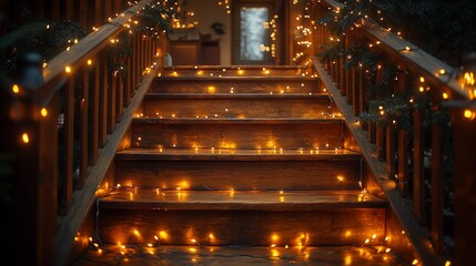 Wooden Staircase Decorated With Warm String Lights