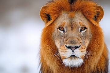 Fototapeta premium Close-up of a lion's face covered in snow, ideal for winter or wildlife-themed projects