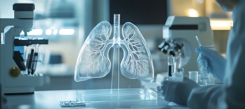 Advanced laboratory showcasing a hologram of lungs while scientists collaborate on medical discoveries and innovative solutions.