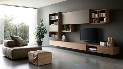 Modern living room with integrated wall unit, sofa, and ottoman.