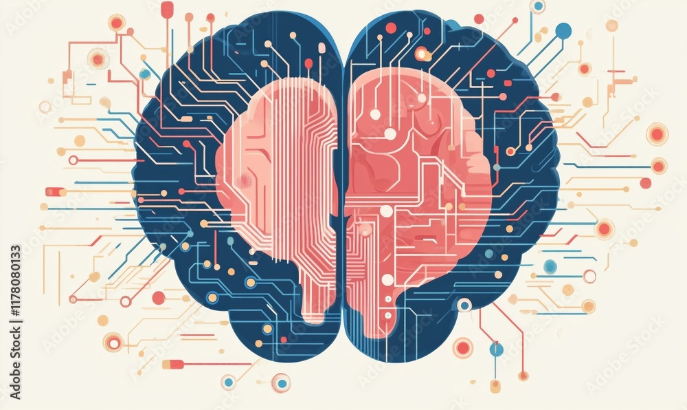 Poster digital brain illustration with circuit patterns and neural connections representing technology and 
