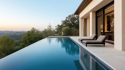 Fototapeta premium luxury pool terrace, beautiful outdoor pool terrace of a luxury villa with comfy chaise lounges, cascading water, clear sky reflections, and space for text
