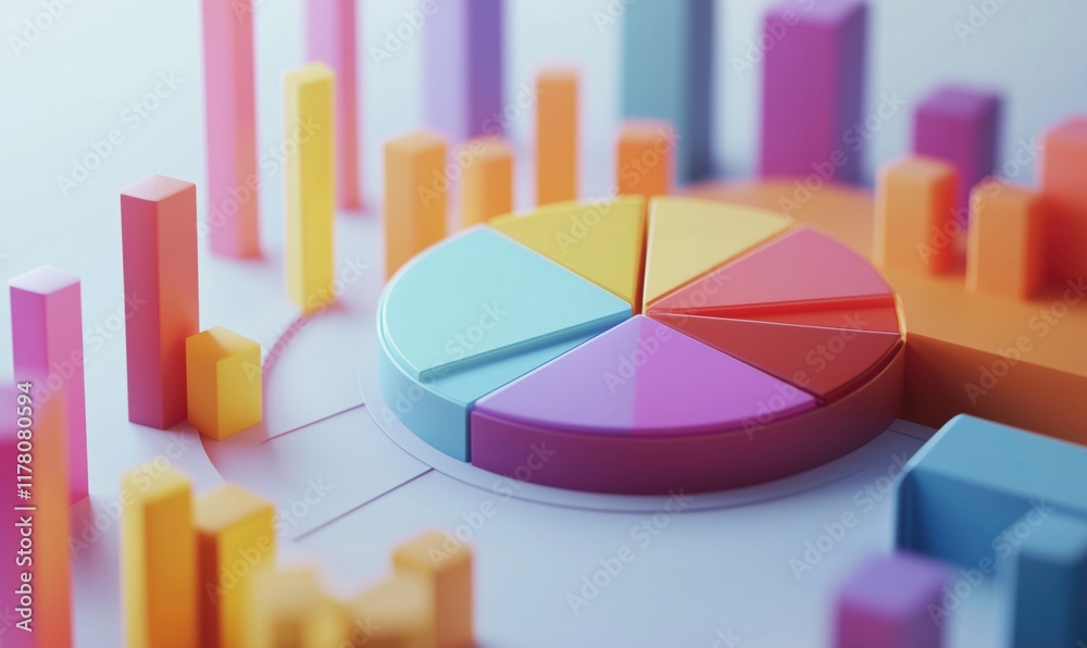 Poster colorful 3d data visualization with pie chart and bar graphs representing statistical information