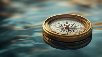 Antique Brass Compass Floating on Dark Water