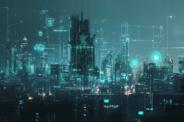Naklejka premium Futuristic city skyline enhanced with digital symbols, glowing data icons, and connected networks
