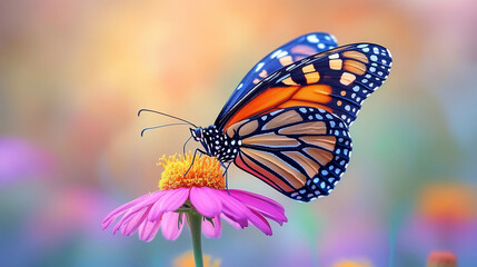Fototapeta premium Monarch butterfly feeding on a pink flower in a garden.