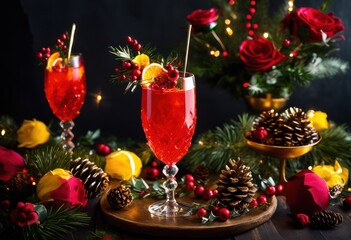 vibrant festive beverages adorned colorful garnishes seasonal decorations joyous celebration, cocktail, drink, fruit, holiday, table, glass, collection