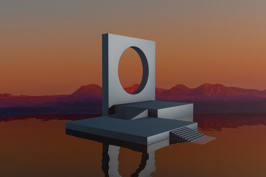 Surreal temple on a lake with mountains at sunset