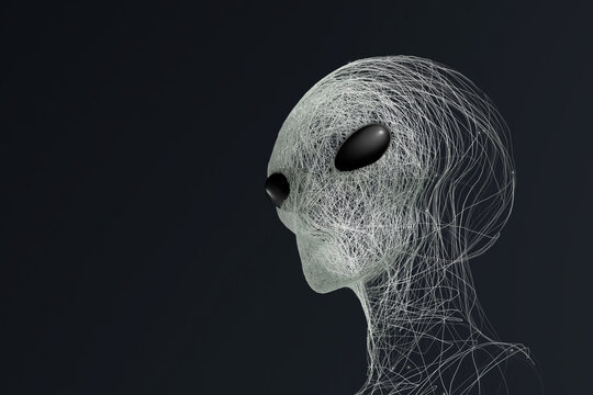 Unique portrait of a futuristic alien with striking green eyes