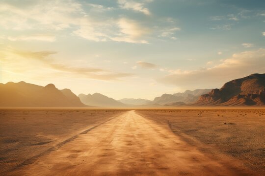 Cinematic journey on a desert road  solitude and adventure in the ancient valley at sunset