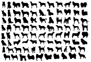 Shadow Pups: A compilation of canine silhouettes showcasing a diverse array of dog breeds in a minimalistic design. Evokes a sense of simple design.