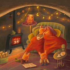 Cozy family time by the fireplace