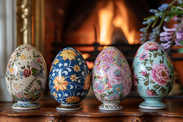 holiday home decor, beautifully decorated easter eggs on the shelf, the aroma of a sunday roast filling the room, and laughter mingling with stories by the fireplace