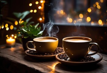 warm cozy coffee setting featuring two steaming cups wooden table soft lighting delicate background elements inviting atmosphere, beans, ceramic, drink, home