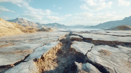 Obraz premium Cracked ground after earthquake reveals deep fissures and a transformed landscape in a remote mountainous region