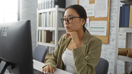 Asian woman working in an office, china, female employee focused on computer screen indoors, professional workplace environment with light from window and shelves in background
