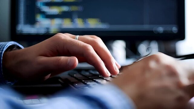 A man working diligently on an elegant computer keyboard, showcasing the delicate precision of each keystroke through the use of a soft focus effect. Accentuated by warm professional lighting.
