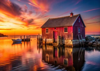 Fototapeta premium Silhouette of a fishing shack at sunset, Rockport, Massachusetts, dramatic coastal scene