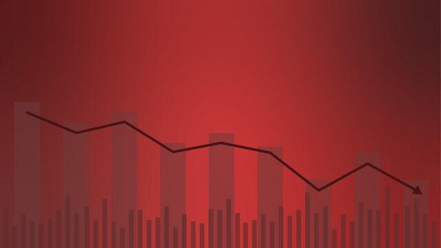 Business graph with an arrow showing decline. Financial chart background in red tones. Declining sales, falling share value.	
