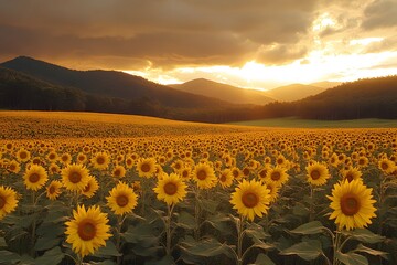 Obraz premium Golden Sunset Over Sunflower Field with Majestic Mountain Backdrop