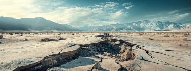 Cracked ground revealing the aftermath of an earthquake in a desolate landscape with distant mountains and changing skies