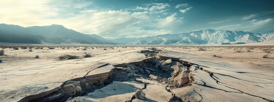 Cracked ground revealing the aftermath of an earthquake in a desolate landscape with distant mountains and changing skies