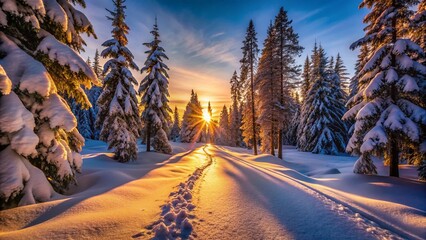 Silhouette of a snowy footpath winding through a boreal forest during winter.
