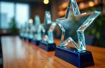 Corporate award trophies are displayed on light brown wooden table. Glass star-shaped trophies are arranged in row. Recognition, achievements are highlighted. Pro success, competitions are symbolized.