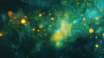 Fototapeta premium Twinkling fireflies creating a magical atmosphere in a lush green landscape at dusk in a serene natural setting