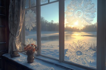 Winter Sunrise Over Frosted Lake Through Window View for Seasonal Home Decor