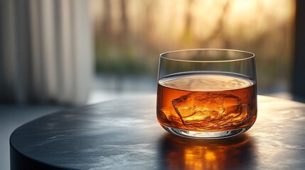 Glass of Whiskey with Ice on Table