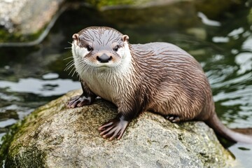 Fototapeta premium An otter sits on a rocky outcropping in a body of water, surrounded by aquatic plants