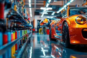 Lively auto body workshop featuring colorful paint cans, sleek car on lift, and equipment galore