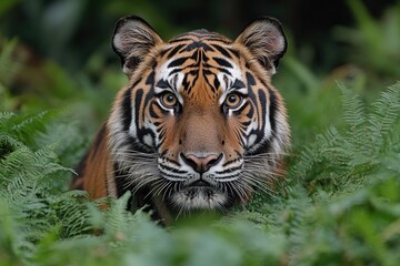 Obraz premium A close-up shot of a tiger's face blending in with the surrounding grass, suitable for use as a wildlife or nature-themed image