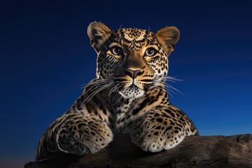 Obraz premium A leopard sits atop a rocky outcropping, surveying its surroundings