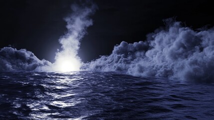 Naklejka premium Water surface with magic neon glow from inside and smoke on top. Mystery dark background with spooky white light from underwater and fog. Realistic 3d night vector illustration with flare and steam.