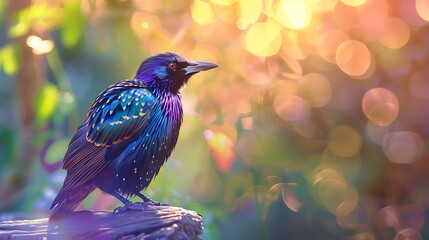Naklejka premium A shimmering, iridescent Starling bird with deep blue and purple feathers, catching the sunlight.