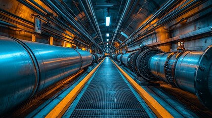 Obraz premium Industrial pipe tunnel interior with metal pipes and walkway.