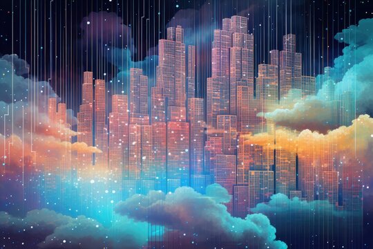 A futuristic holographic pixelated city emerges within the vast network cloud, shimmering with iridescent colors, against a backdrop of ethereal clouds and digital elements