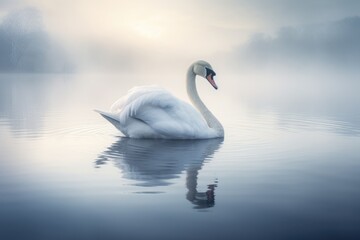 An elegant white swan glides gracefully over the calm waters of a misty lake during the early morning light, showcasing its beauty in a serene natural setting © fatman