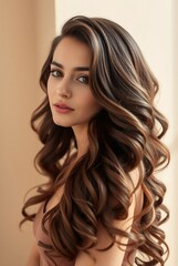 Naklejka premium Beautiful Woman with Long, Wavy Hair Posing Elegantly in Soft Natural Light