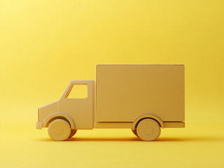 Cardboard delivery truck against a bright yellow background showcasing creativity and minimalism in design