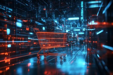 Futuristic smart retail solutions  a shopping cart in a data driven environment with glowing lines
